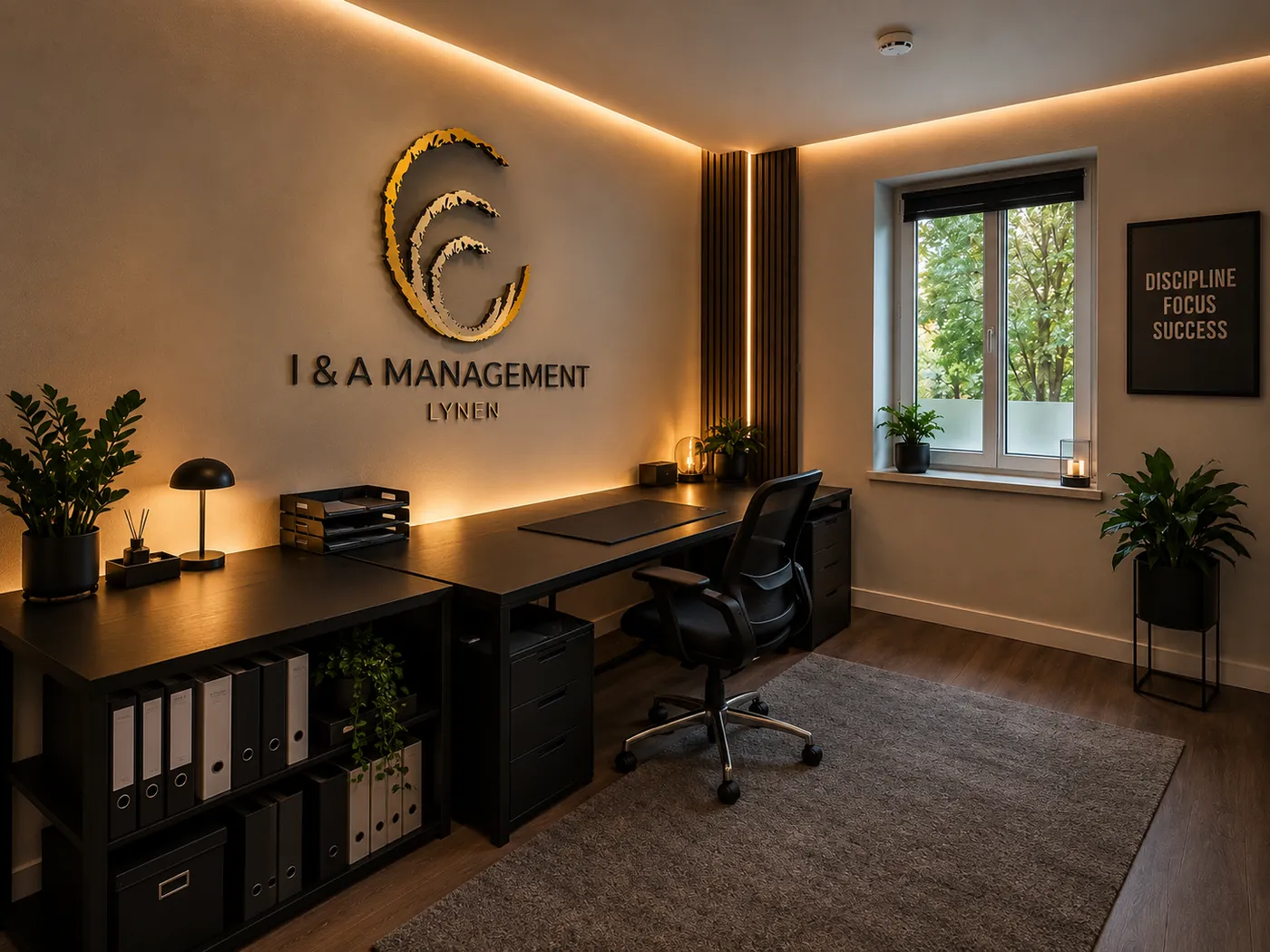 Empfangsbereich mit goldenem I&A Management Lynen Logo an der Wand